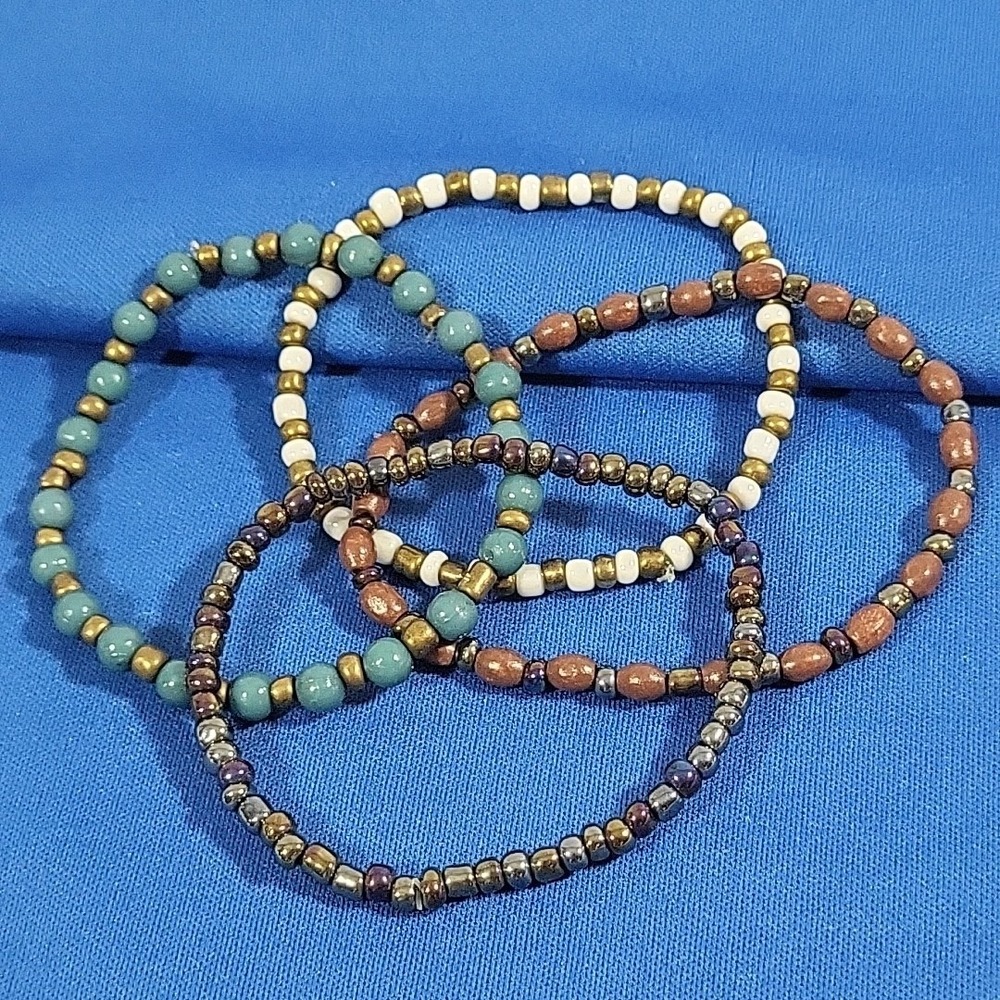 Beaded Bracelets Lot Of 4 Metallic Earth-Tones Slip-On Stretch Boho Hippie‎